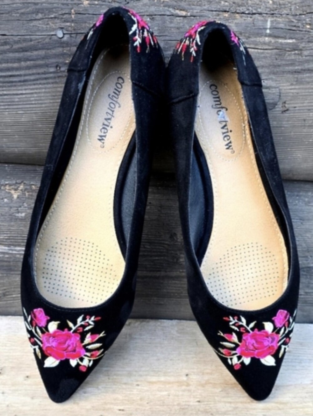 Comfortview Olive Dark Coquette Rose  Pointed Toe Comfort Flats 8.5W
